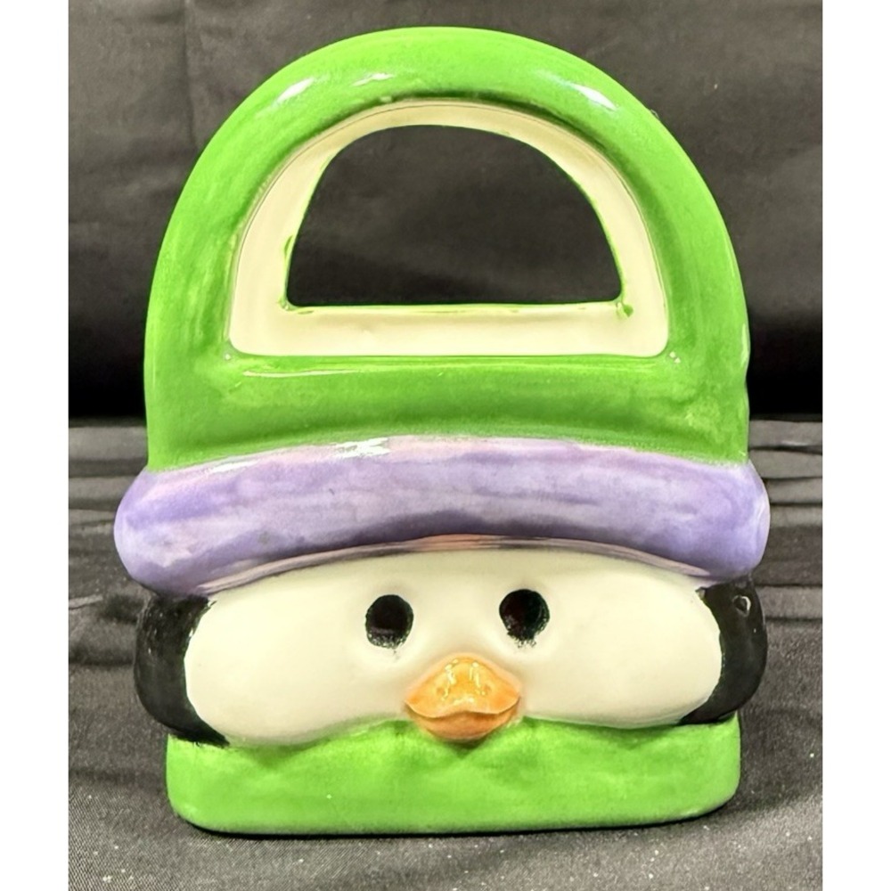 Ceramic Penguin Basket Holiday Gift Holder Green Purple Festive Decor
